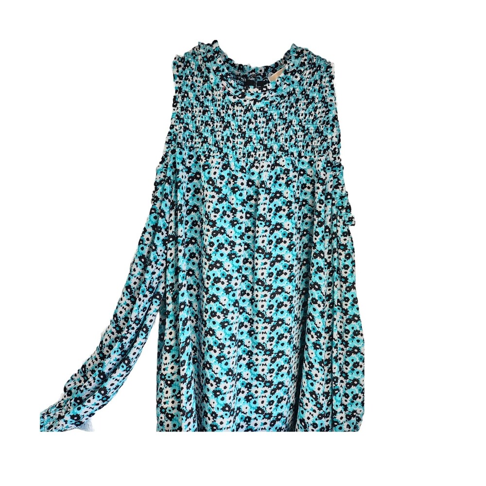 Michael Kors Blue Black Floral Smocked Top Crew neck Women's Size M - Picture 3 of 6
